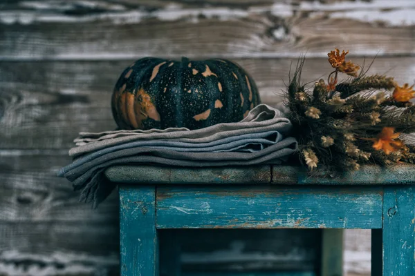 Ears Golden Wheat Apples Pumpkins Rural Weathered Wooden Stool Barn — Stock Photo, Image