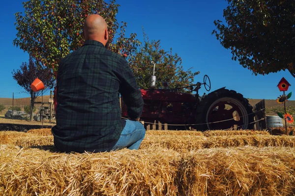 Senior Farmer Sitting Haystack His Farm Harvest Looks Distance Harvest — Stock Photo, Image