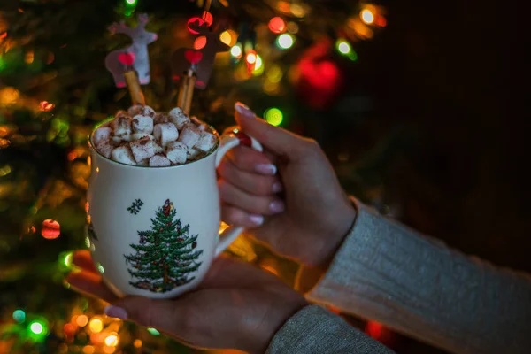 Winter Holidays Hot Drinks People Concept Woman Hands Coffee Glowing — Stock Photo, Image