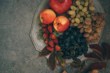 Taze meyveler. Çeşitli sonbahar meyveleri renkli vintage arka plan. Düz kopyalama alanı ile yatıyordu. Tonlu görüntü.