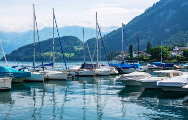 Sabahın köründe limanda. Lucerne Gölü ve İsviçre Alpleri 'nden Gersau kıyı kasabası. Bir yaz sezonu boyunca marinada turkuaz bir suda demirlemiş bir sürü beyaz tekne ve lüks yatlar. Seyahat ve tatil.