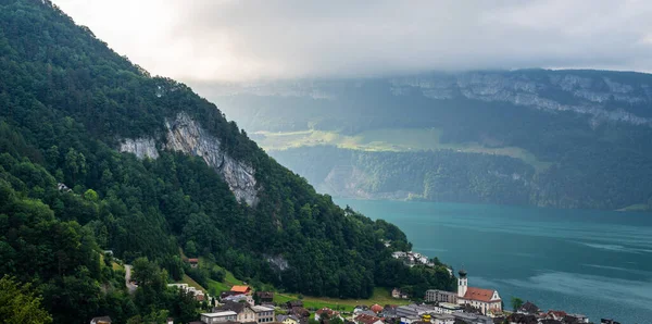 Vue Sur Lac Des Quatre Cantons Avec Ville Gersau Les — Photo