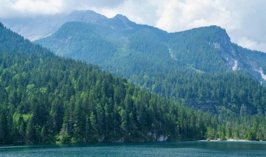 Tovel Gölü, Dolomite Alplerinde mavi bir inci, İtalya. Adamello Brenta Parkı 'ndaki Trentino' daki en büyük doğal göl olan Tovel Gölü 'nün güzel manzarası. Dağ manzarası, göl ve dağlar.