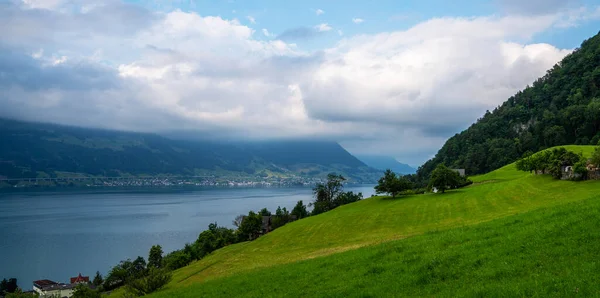 Vue Sur Lac Des Quatre Cantons Avec Ville Gersau Les — Photo