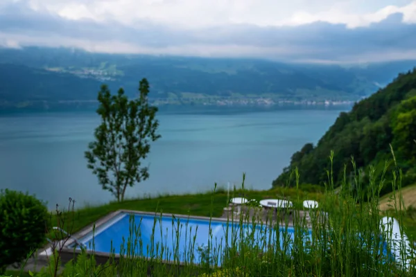 Blick Auf Den Vierwaldstättersee Bei Gersau Hintergrund Die Schweizer Alpen — Stockfoto