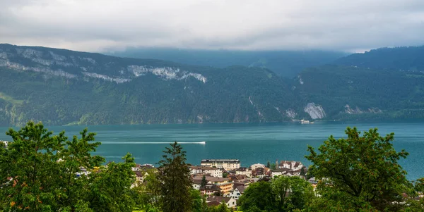 Vue Sur Lac Des Quatre Cantons Avec Ville Gersau Les — Photo