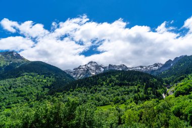 Pirene Dağları 'nın nefes kesici manzarası, ön planda yemyeşil ormanlar ve kısmen bulutlarla kaplanmış kar örtülü zirveler İspanya' daki bu doğal manzaranın güzelliğine katkıda bulunuyor..