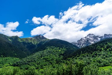 Pirene Dağları 'nın nefes kesici manzarası, ön planda yemyeşil ormanlar ve kısmen bulutlarla kaplanmış kar örtülü zirveler İspanya' daki bu doğal manzaranın güzelliğine katkıda bulunuyor..