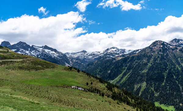 a stunning alpine landscape where lush, green slopes ascend to rugged, snow-capped peaks, all under a dynamic sky with billowing clouds