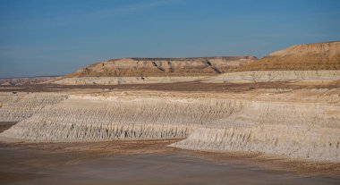 Uzak bir çöl bölgesindeki beyaz kireçtaşı kayalıkları ve kuru nehir yatağıyla, berrak mavi gökyüzünün altında, katmanlı kaya oluşumlarını ve kurak araziyi gösteren geniş bir manzara.