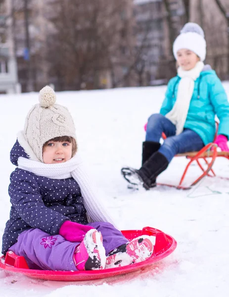 Niños Trineo Nieve Cubiertos Nieve Paseo Bosque Jardín Nevado Invierno —  Fotos de Stock