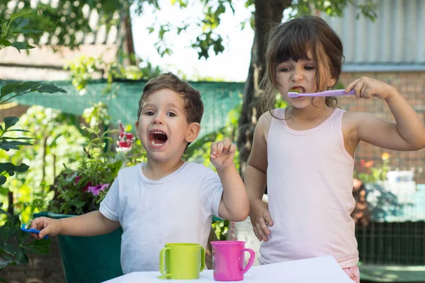 Irmã Ensinando Irmão Escovação Dentes Criança Duas Crianças Limpando Dentes — Fotografia de Stock