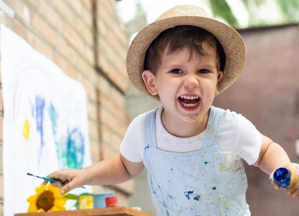 Happy Kid Enjoying Arts Crafts Painting Paintbrush Shocked Toddler Boy — Stock Photo, Image