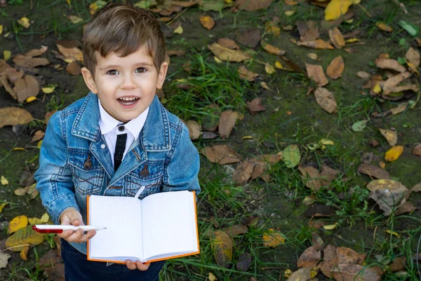 Забавна Дитина Пише Блокноті Використовуючи Олівець Посміхаючись Два Три Роки — стокове фото