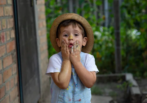 Little Boy Hands Painted Colorful Paints Happy Kid Having Fun — Stock Photo, Image