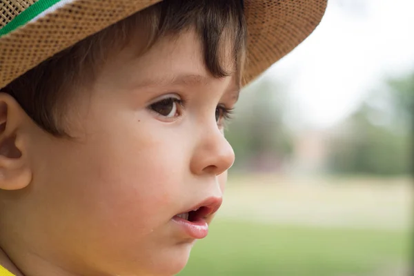 Criança Retrato Verão Menino Usando Chapéu Palha Jogando Parque Verão — Fotografia de Stock