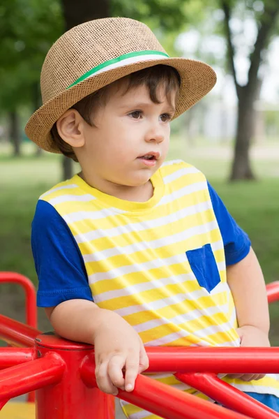 Criança Retrato Verão Menino Usando Chapéu Palha Jogando Parque Verão — Fotografia de Stock