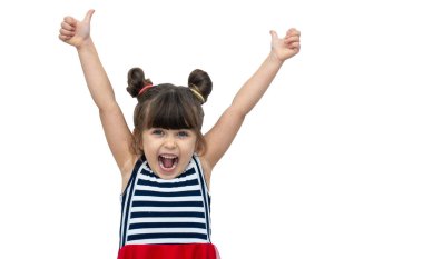 Handsome child happy and excited celebrating victory expressing big success, power, energy and positive emotions. Celebrates over white background  clipart