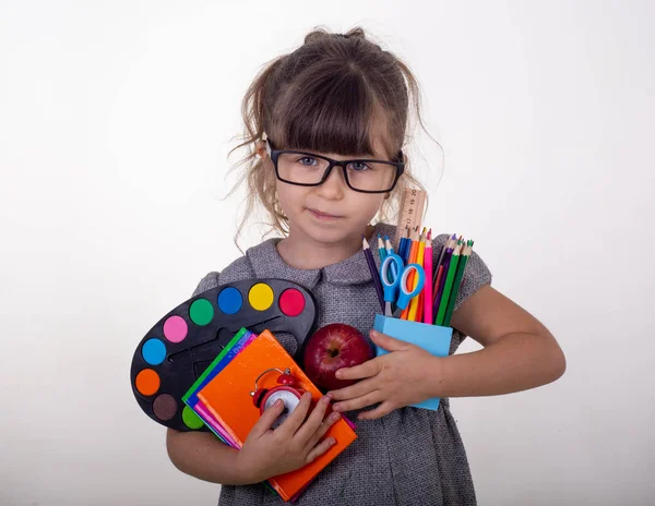Kid Ready School Cute Clever Child Eyeglasses Holding School Supplies — Stock Photo, Image