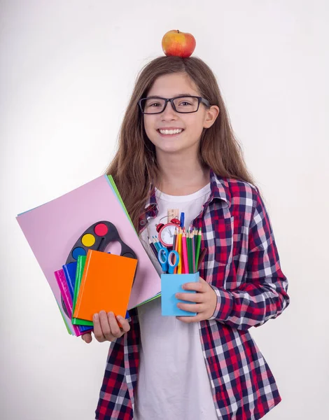 Junger Student Mit Brille Und Schul Oder Büromaterial Stifte Notizbücher — Stockfoto