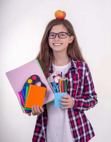 Jovem Estudante Óculos Segurando Material Escolar Escritório Canetas Cadernos Tesouras — Fotografia de Stock