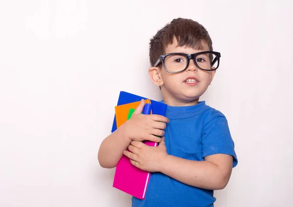Schoolboy holding books. Kid ready for school, wears glasses.