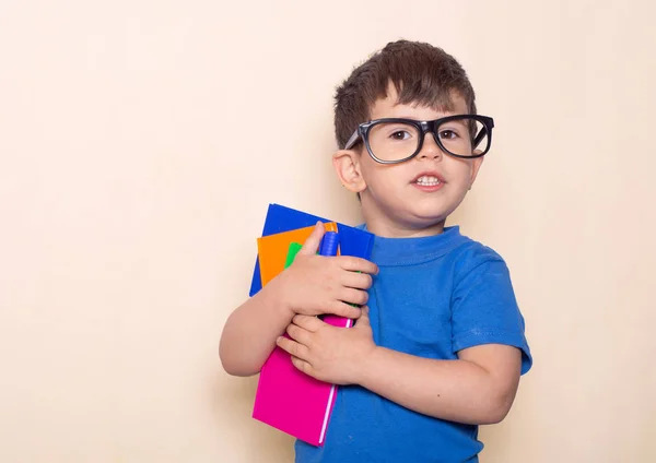 Colegial Sosteniendo Libros Niño Listo Para Escuela Lleva Gafas — Foto de Stock