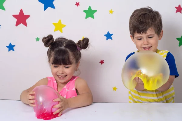 Children Inflates Big Bubble Slime Girl Boy Play Slime — Stock Photo, Image