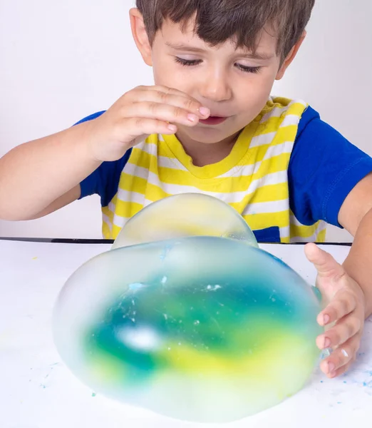 Cute Funny Boy Play Slime Kid Squeeze Stretching Toy Slime — Stock Photo, Image