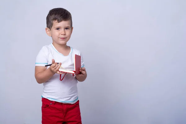 Ragazzo Intelligente Che Prende Mano Libri Rossi Arancioni Pronto Tornare — Foto Stock