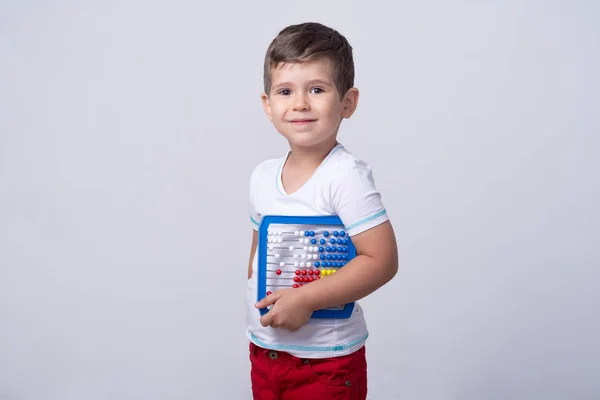 Children Education Concept Gelukkige Kid Scheve Nummers Kleine School Jongen — Stockfoto