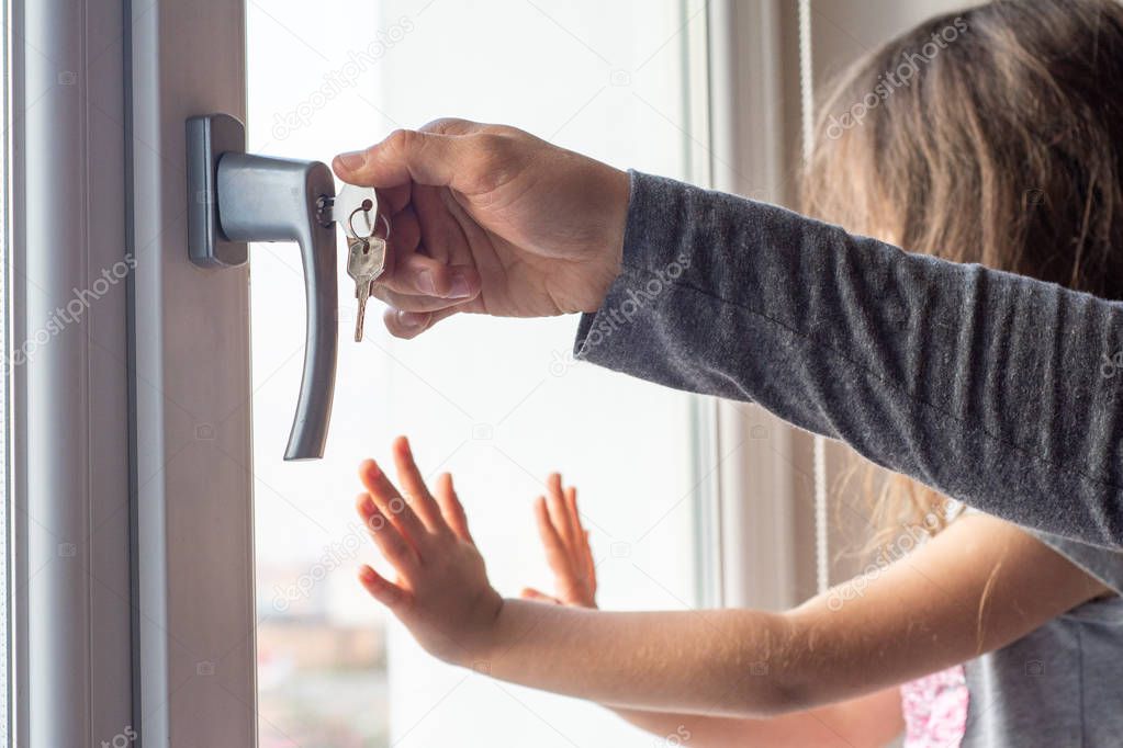 Window handle lock. Key locking window with key for kids safety. Window Restrictors in the home.  