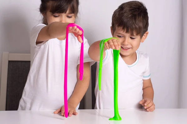 Child Playing Slime Kids Squeeze Stretching Slime — Stock Photo, Image