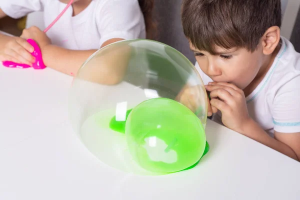Kids Making Bubbles Slime Kid Playing Slime — Stock Photo, Image