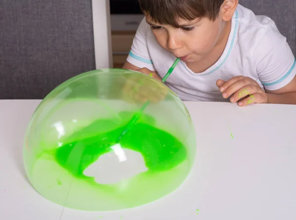 Child Making Bubbles Fluffy Slime — Stock Photo, Image