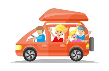 Mutlu bir aile kırmızı araba ile seyahat. düz