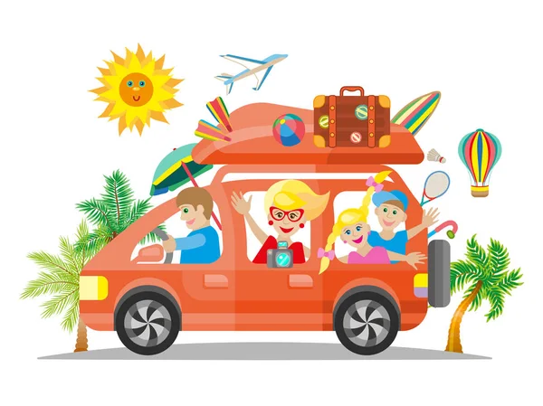 Famiglia felice che viaggia in auto rossa. Vettore piatto — Vettoriale Stock