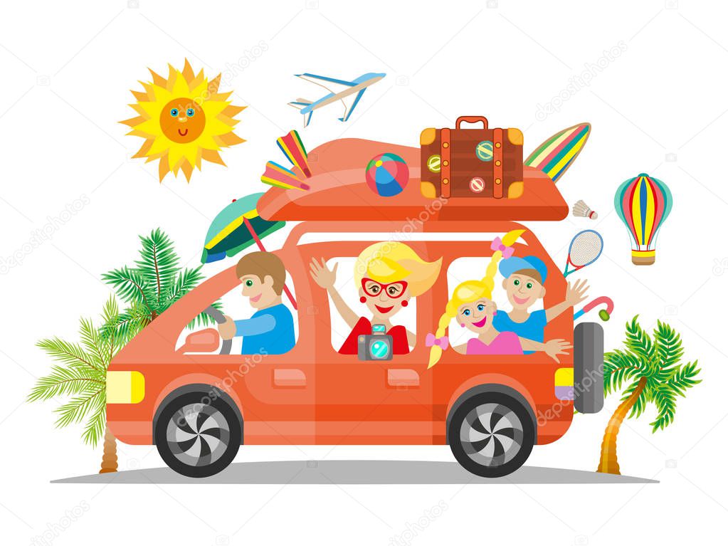 Happy family traveling by red car. Vector flat