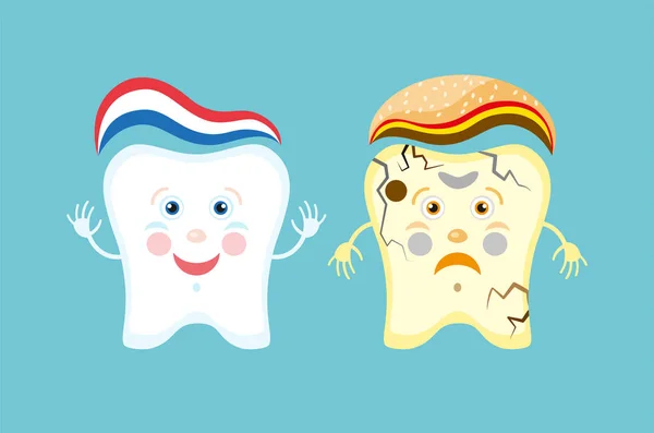 Dientes malsanos vs sanos comparación de dibujos animados, ilustración, vector — Vector de stock