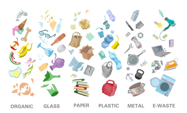 Gestion du tri des déchets concept séparation poubelle élimination illustration — Image vectorielle