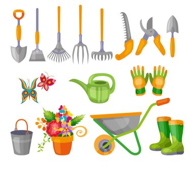 Çeşitli bahçe eşyaları seti. Bahçe aletleri. Bahçe işleri için düz tasarım çizimi. Vektör illüstrasyonu.