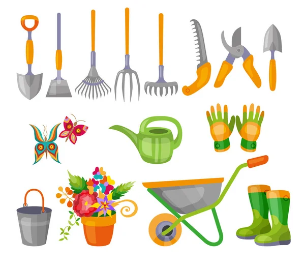 다양 한 채원 물품들의 집합. 정원 도구. 정원을 가꾸기 위한 물건의 평평 한 디자인 삽화. 벡터 일러스트. — 스톡 벡터