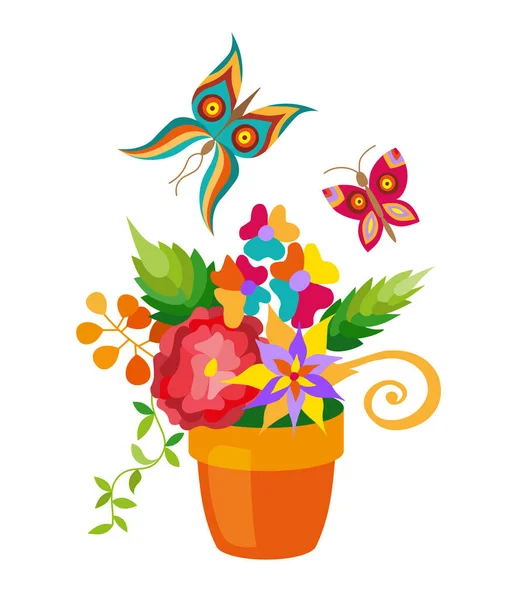 Flower pot with different flowers set, flat style. — Stock Vector