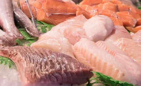 Taze Çiğ somon ve beyaz balık fileto taze gıda pazarında, Biarritz, Fransa buz üzerinde bir dizi.