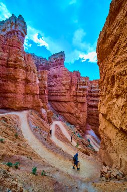 Yürüyüşçüler, yüksek kızıl kaya oluşumları ve parlak mavi bir gökyüzü yaratarak, Bryce Canyon Ulusal Parkı 'ndaki Navajo döngüsünün Wall Street bölümündeki dik geçiş rotasında ilerliyorlar.