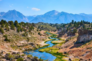 Mamut Gölleri yakınlarındaki Hot Creek Jeolojik Alanı, parlak mavi gökyüzünün altında engebeli dağların yükseldiği jeotermal arazide süzülen berrak bir nehir gösteriyor..