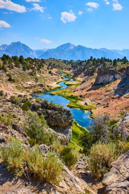 Mamut Gölleri yakınlarındaki Hot Creek Jeolojik Alanı manzaralı Kaliforniya kıvrımlı bir nehir yemyeşil ve dramatik Sierra Nevada dağlarını jeotermal arazisi olan açık mavi bir gökyüzü altında barındırır..