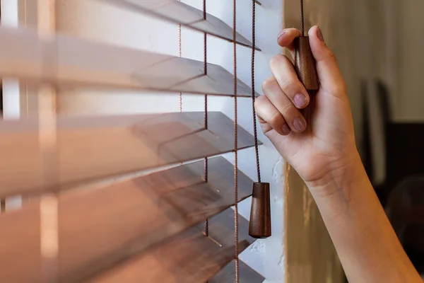 Woman Right Hand Holds One Control Strings Wooden Shutters Window — Stock Photo, Image