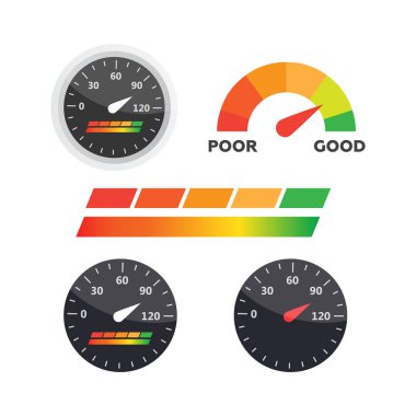 Guage ikonu. Kredi puanı göstergeleri ve vektör göstergeleri ayarlandı. Puan vektörü simgesi