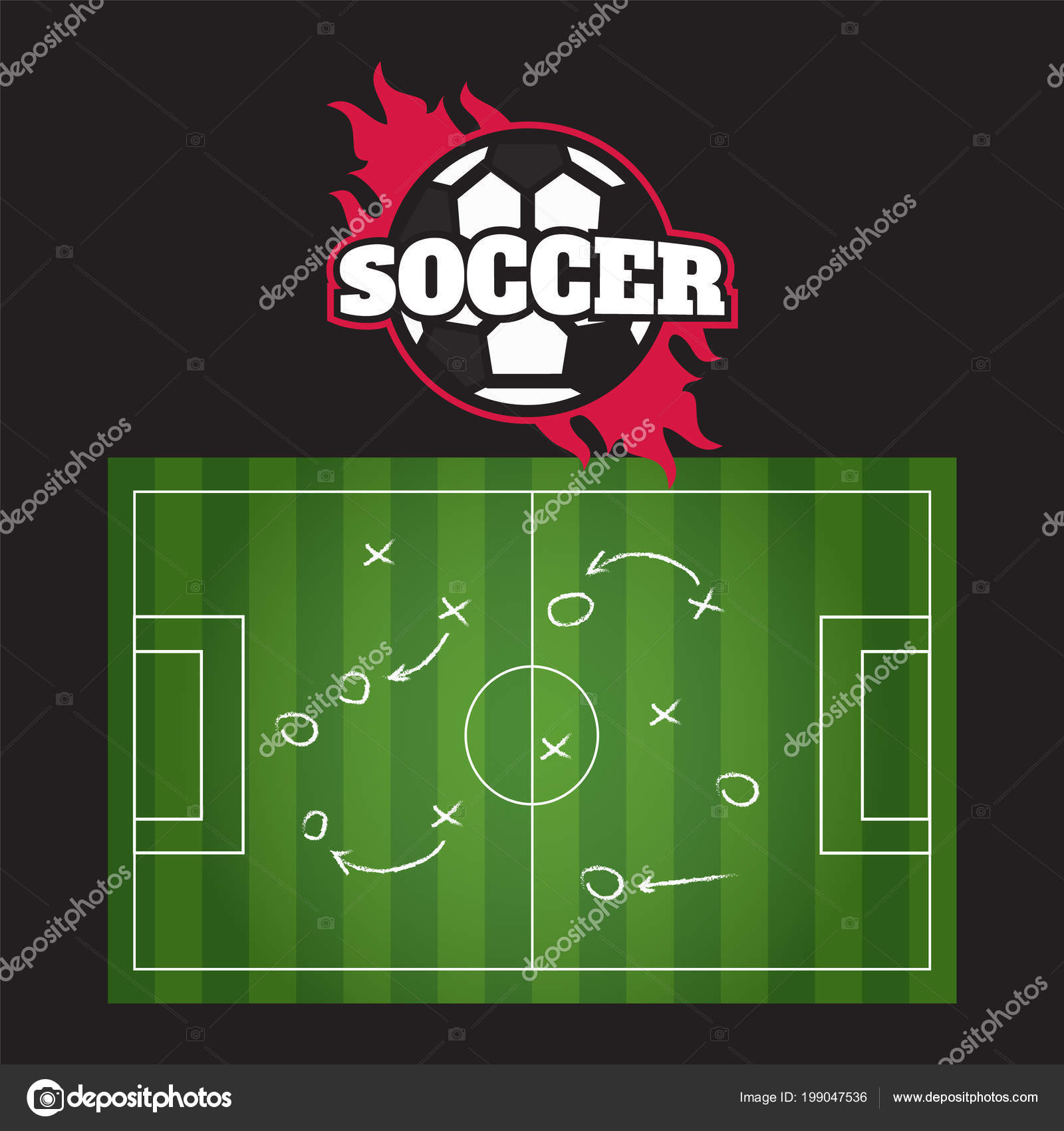 Campo De Estrategia De Fútbol, Dibujo Táctico De Juego De Fútbol En Pizarra.  Esquema De Juego De Fútbol Dibujado A Mano, Diagrama De Aprendizaje Con  Flechas Y Jugadores A Bordo, Ilustración De